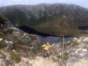 Malcolm climbing Hansons Peak enroute to the Rangers Hut for a spot of painting (KT)