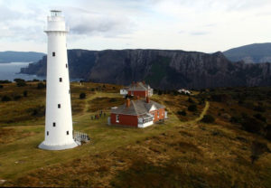 Tasman Island Lightstation - from left - Lighthouse, Lightkeepers' Quarters No 3 & 2 with the Head Keepers' Quarters No 1 in the distance.